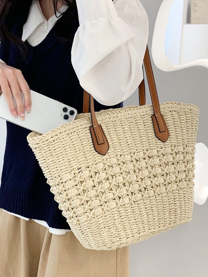 VINTAGE STRAW BEACH TOTE BAG