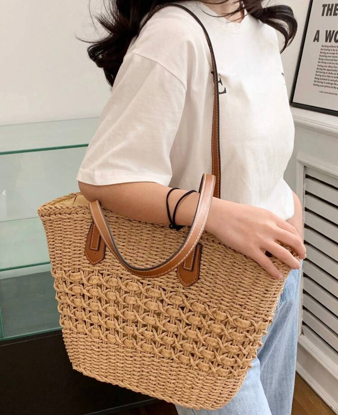VINTAGE STRAW BEACH TOTE BAG