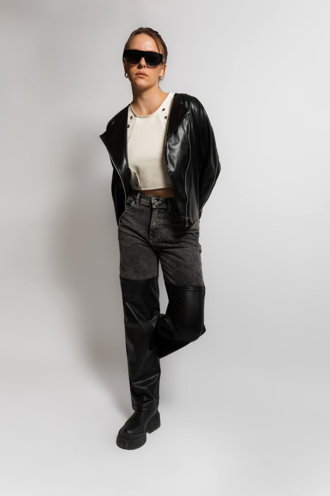 HALF DENIM HALF LEATHER STRAIGHT LEG PANTS