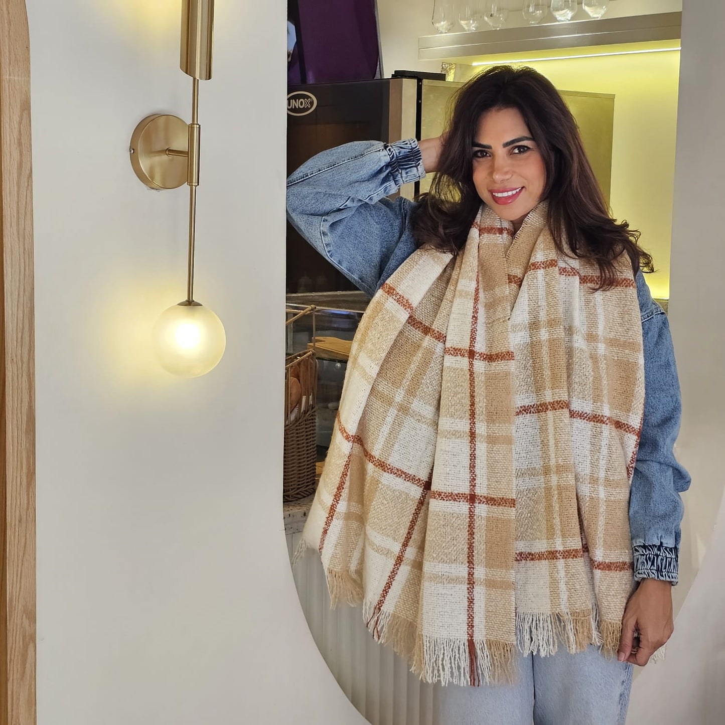 BEIGE PLAID WOOL SCARF