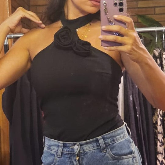 BLACK FLOWER BODY SUIT TOP