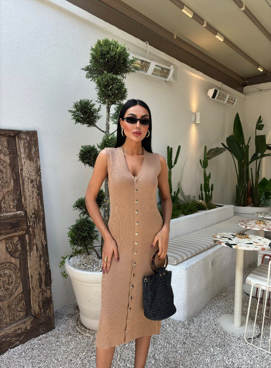 CAMEL RIBBED KNITTED BUTTON-DOWN DRESS (Made in Turkey 🇹🇷)