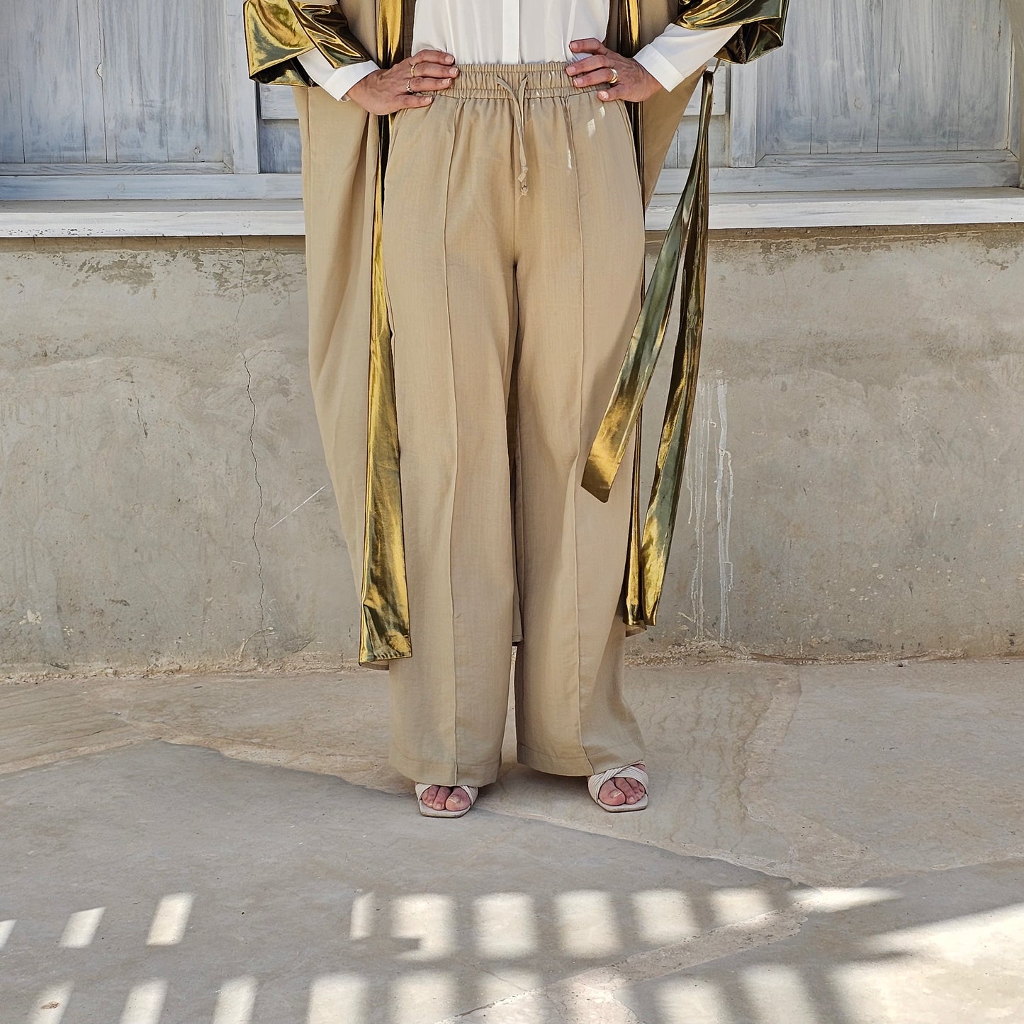 BEIGE LENIN WIDE LEG PANTS