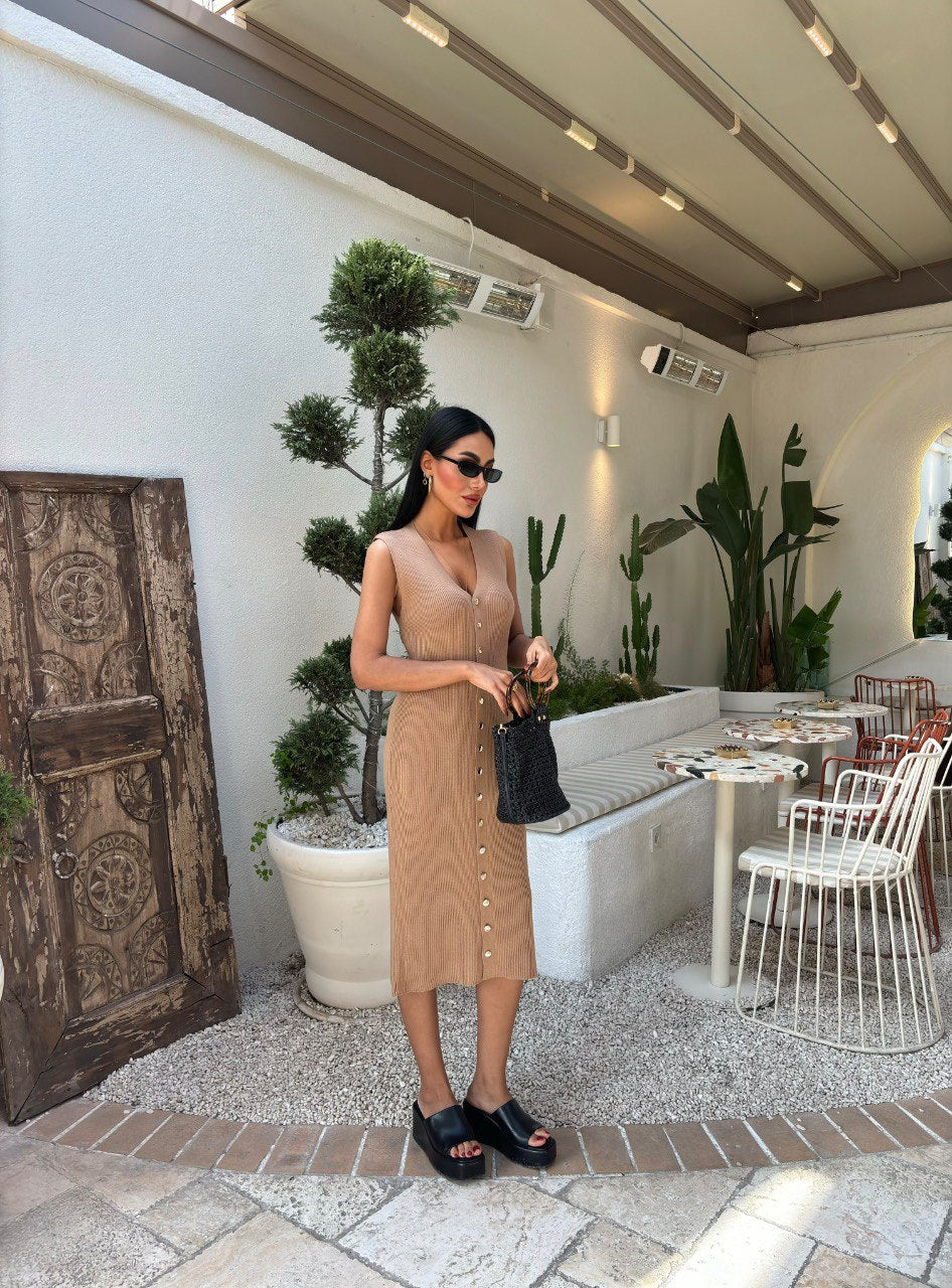 CAMEL RIBBED KNITTED BUTTON-DOWN DRESS (Made in Turkey 🇹🇷)