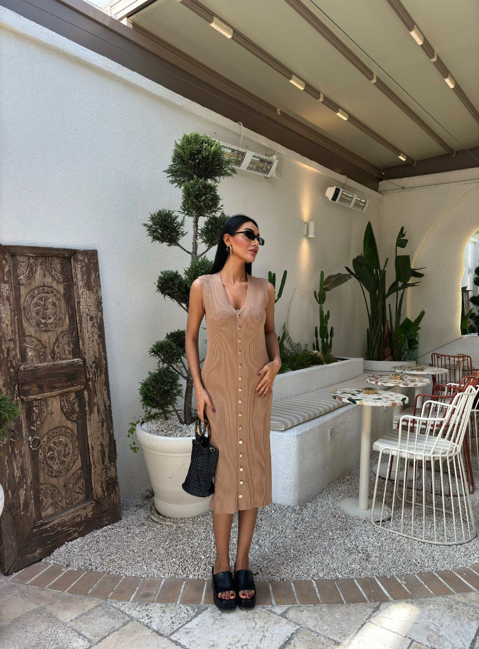 CAMEL RIBBED KNITTED BUTTON-DOWN DRESS (Made in Turkey 🇹🇷)