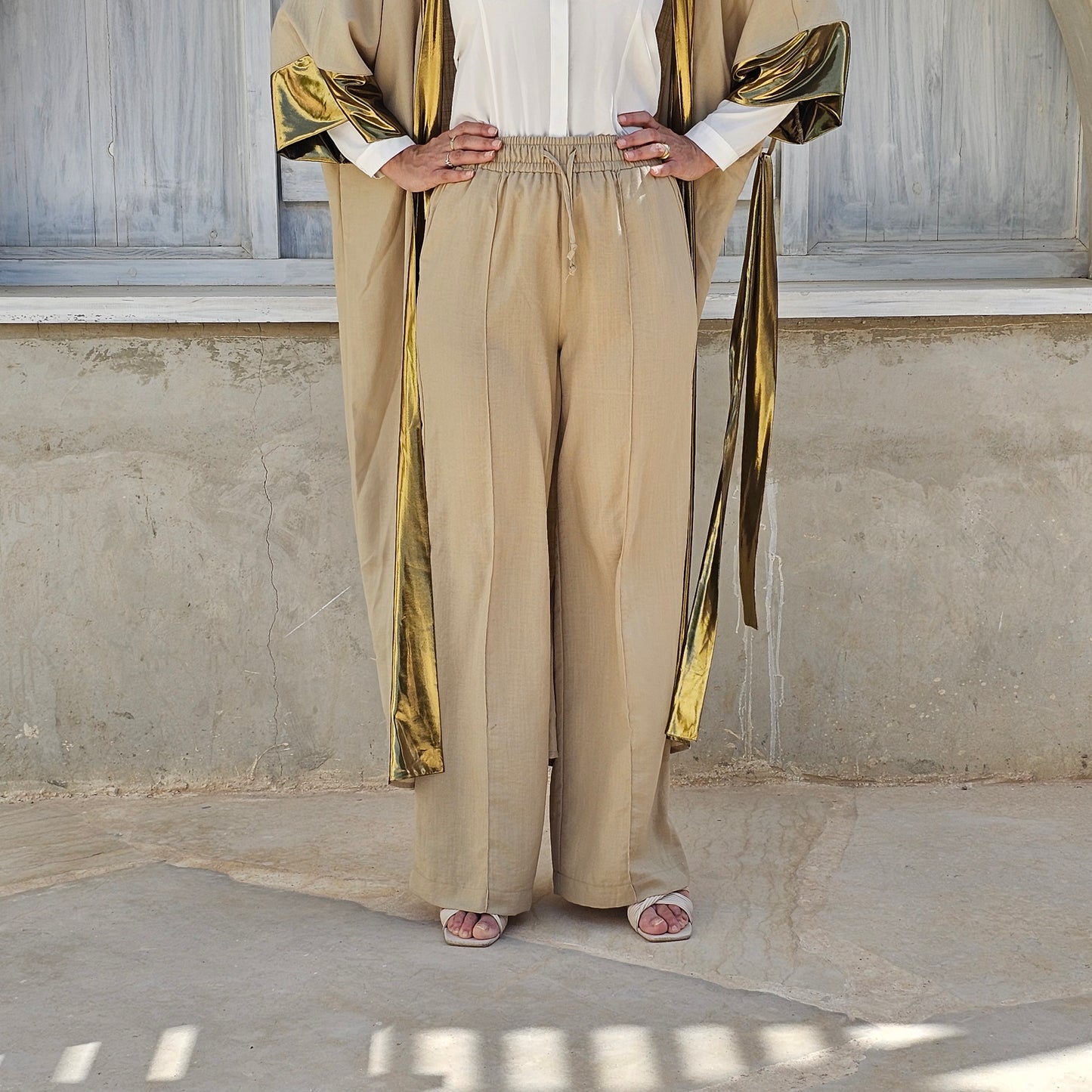 BEIGE LENIN WIDE LEG PANTS