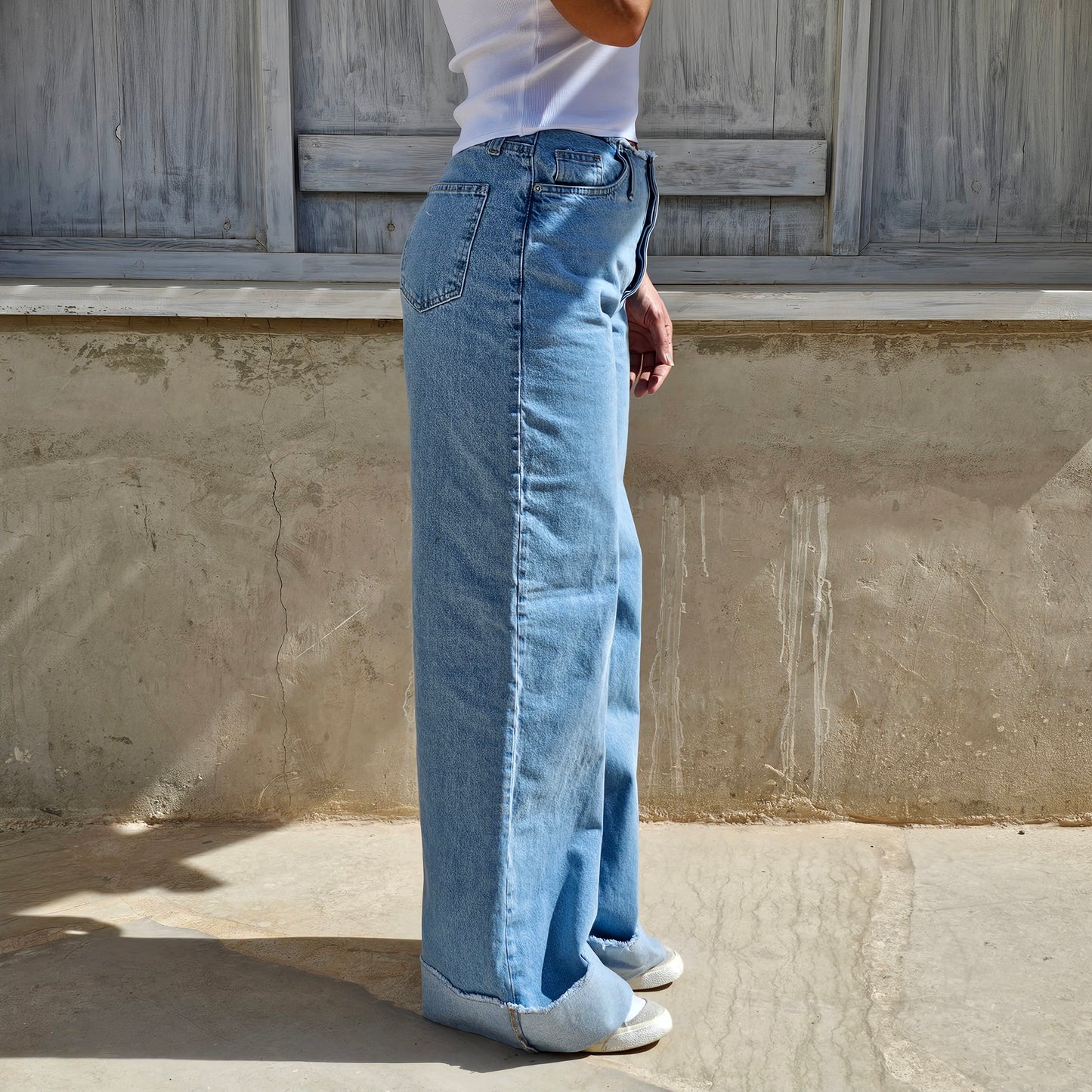 UNFINISHED WAISTED JEANS