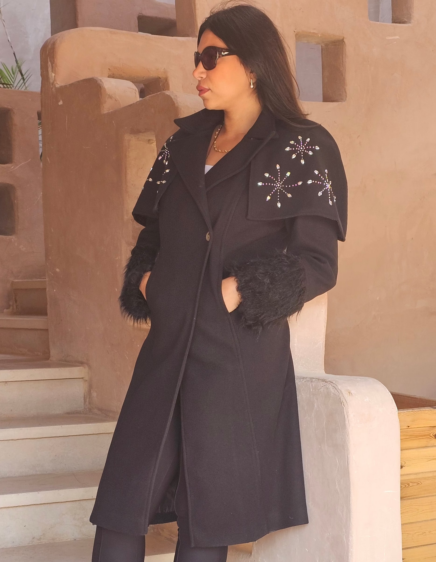 WOOL REMOVABLE STRASS SHOULDERS COAT