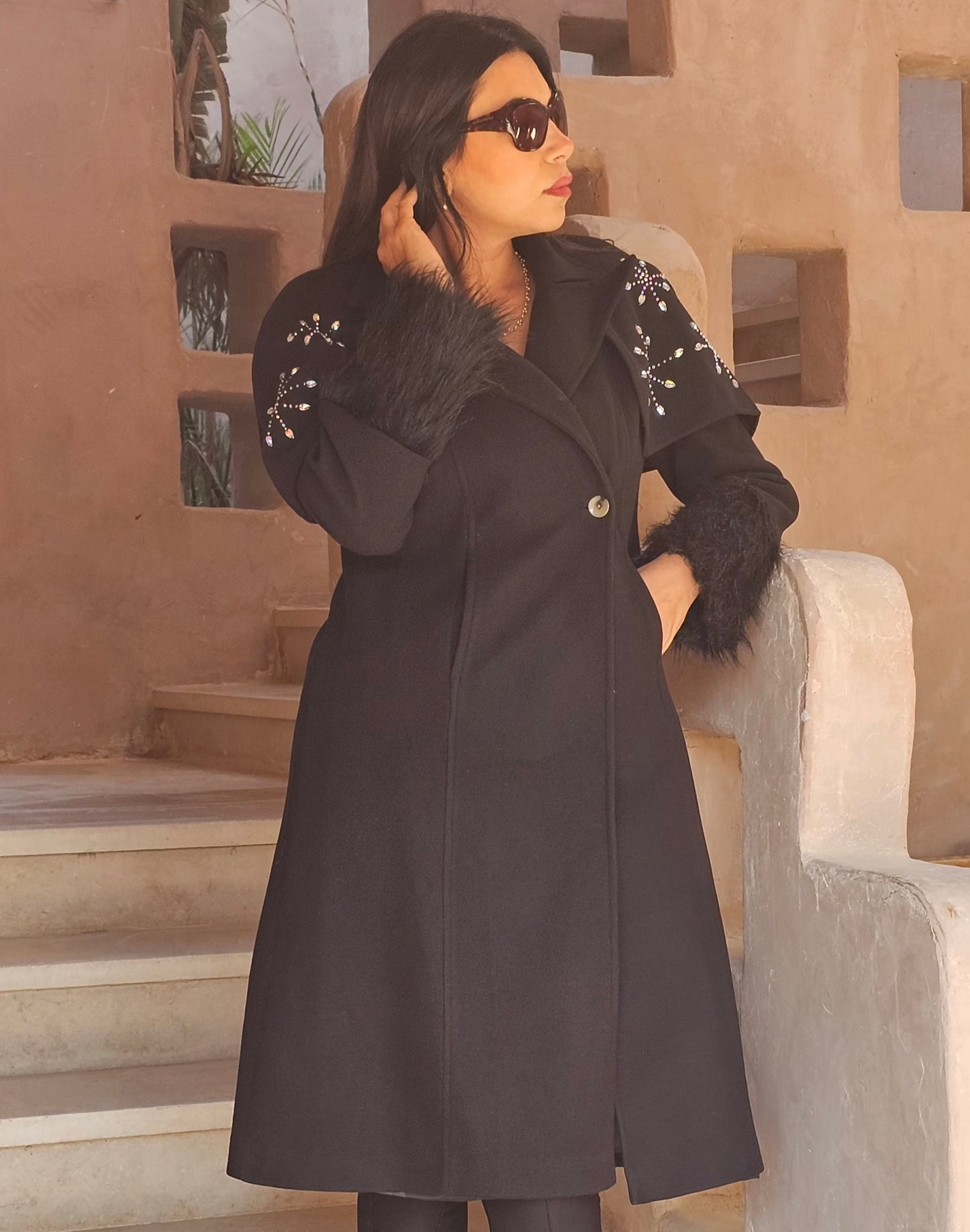 WOOL REMOVABLE STRASS SHOULDERS COAT