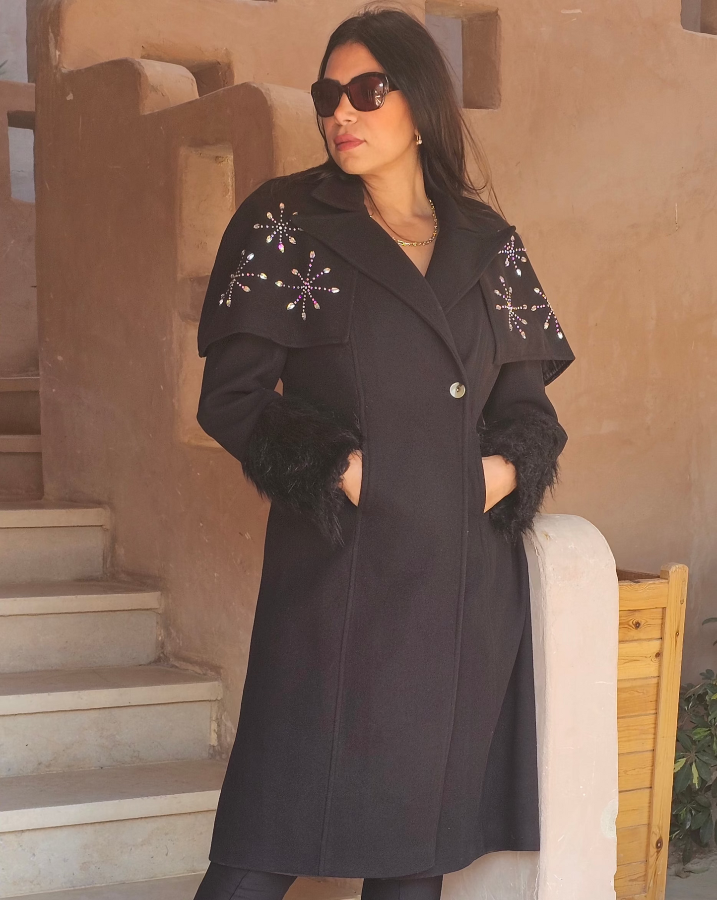 WOOL REMOVABLE STRASS SHOULDERS COAT