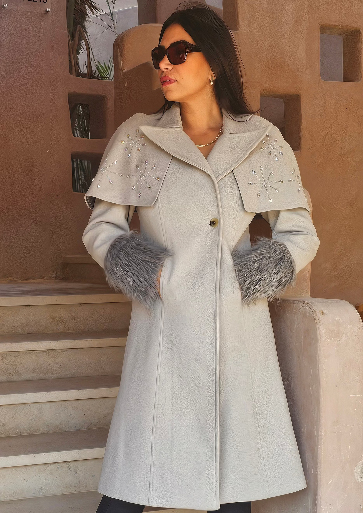 WOOL REMOVABLE STRASS SHOULDERS COAT