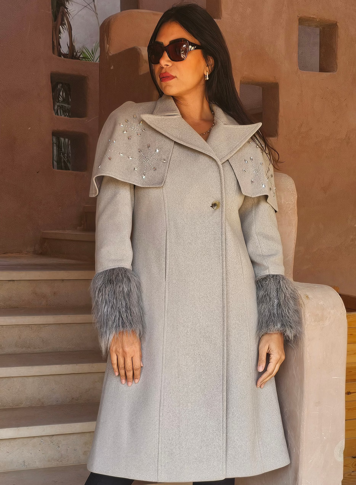 WOOL REMOVABLE STRASS SHOULDERS COAT