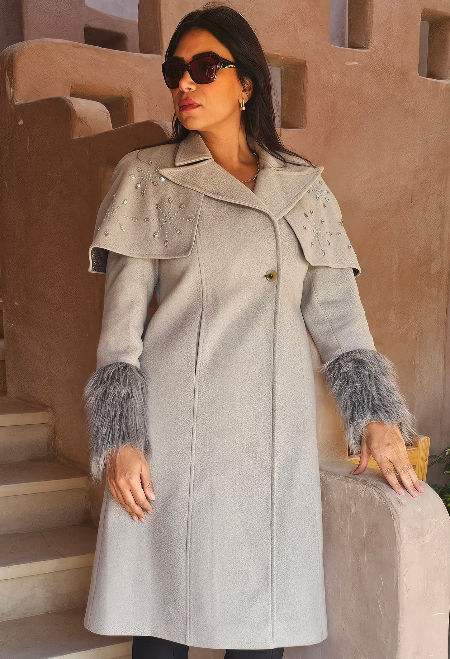 WOOL REMOVABLE STRASS SHOULDERS COAT