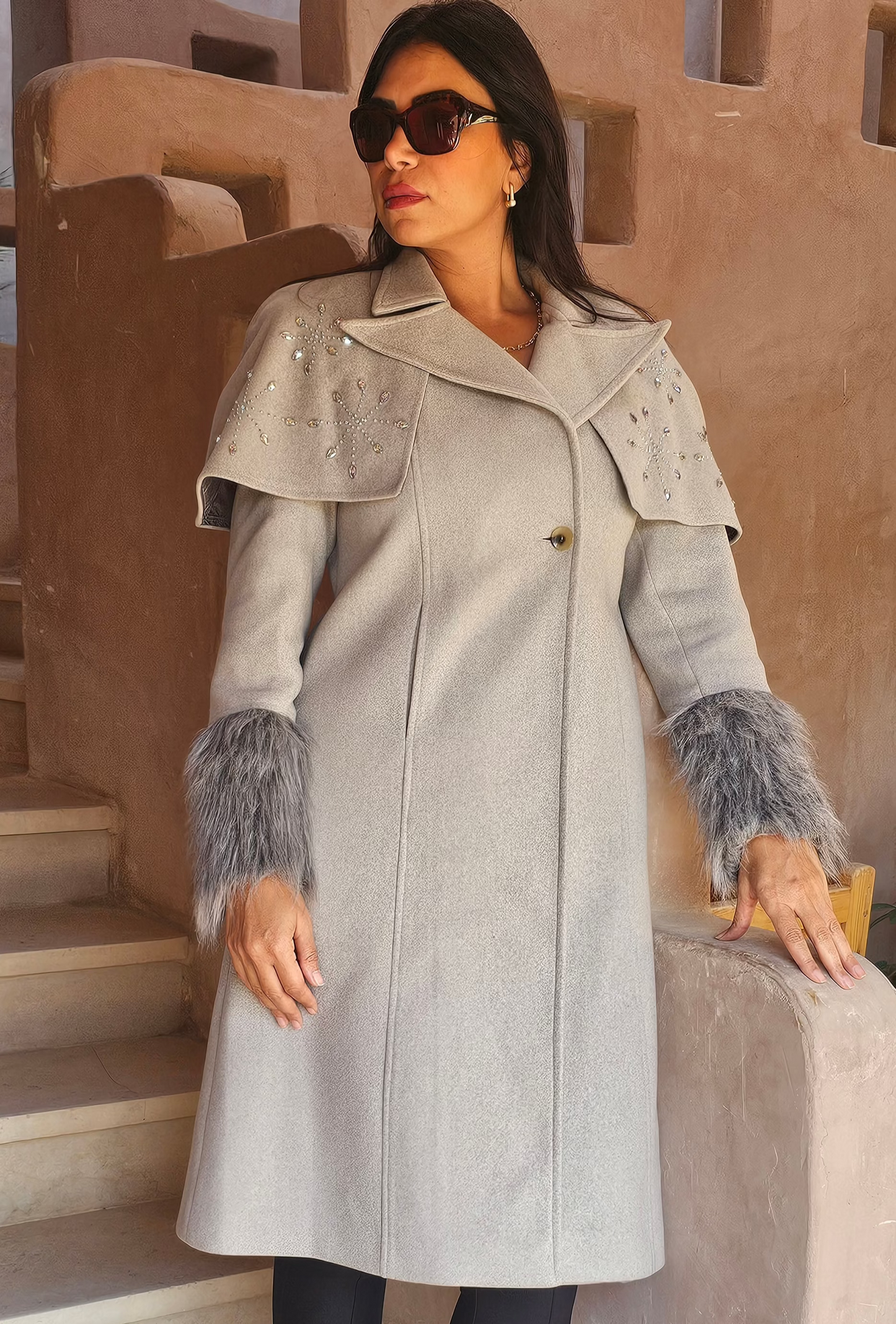 WOOL REMOVABLE STRASS SHOULDERS COAT