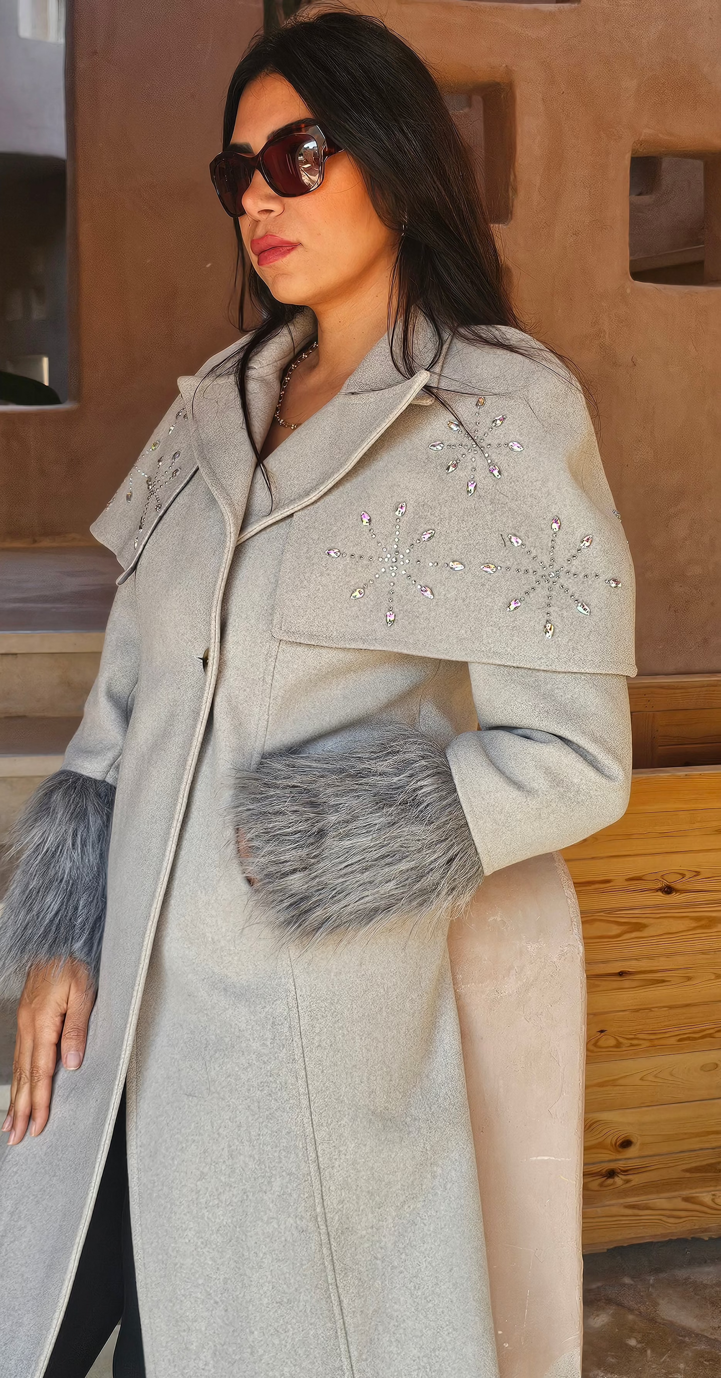 WOOL REMOVABLE STRASS SHOULDERS COAT