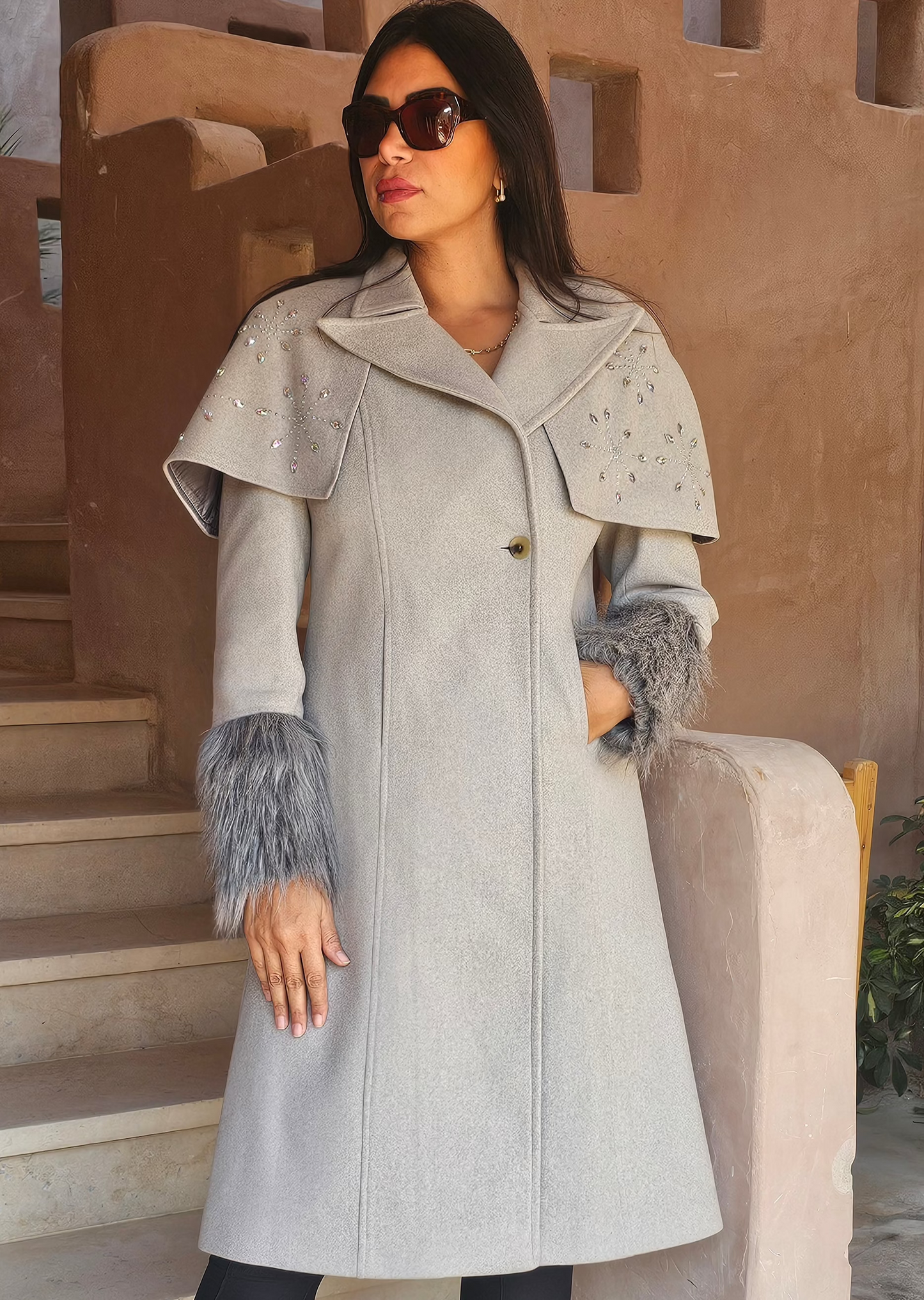 WOOL REMOVABLE STRASS SHOULDERS COAT