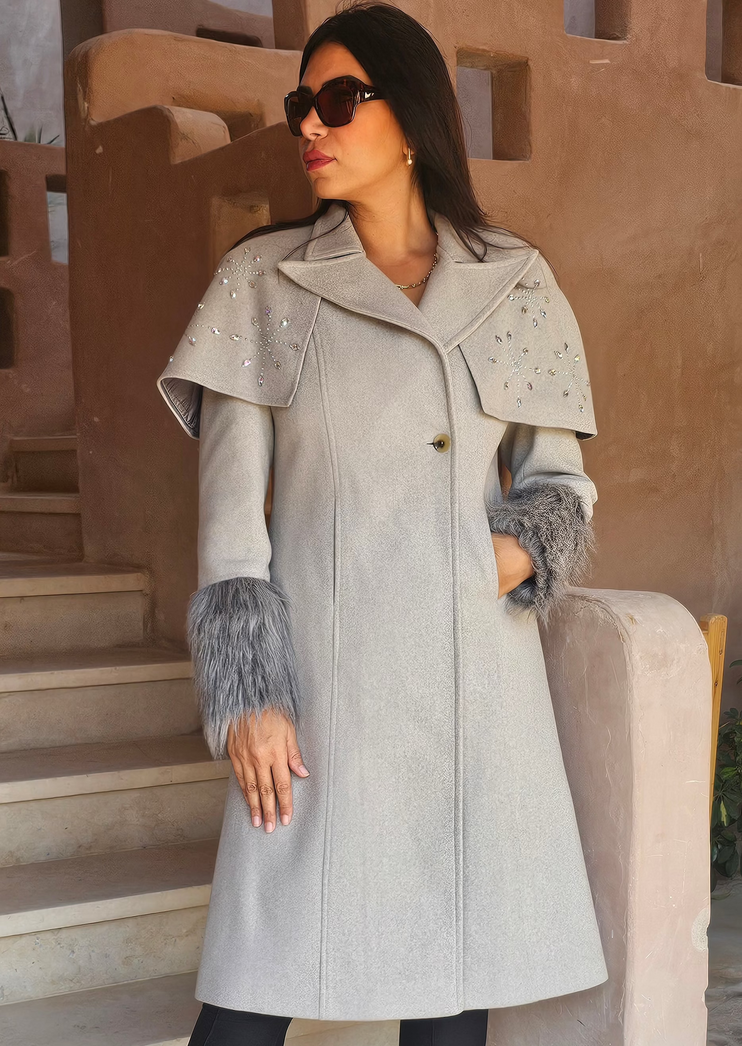 WOOL REMOVABLE STRASS SHOULDERS COAT