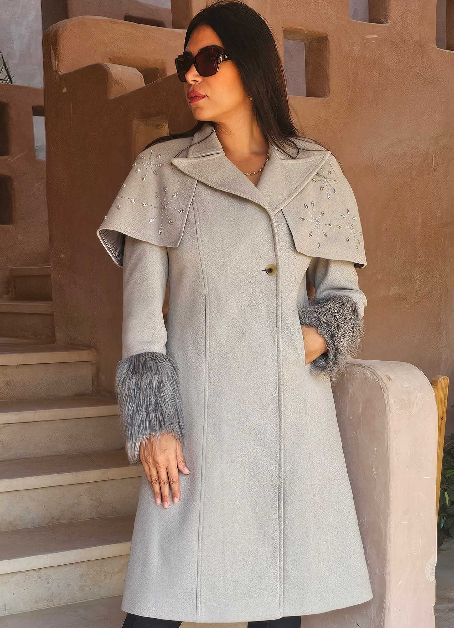 WOOL REMOVABLE STRASS SHOULDERS COAT