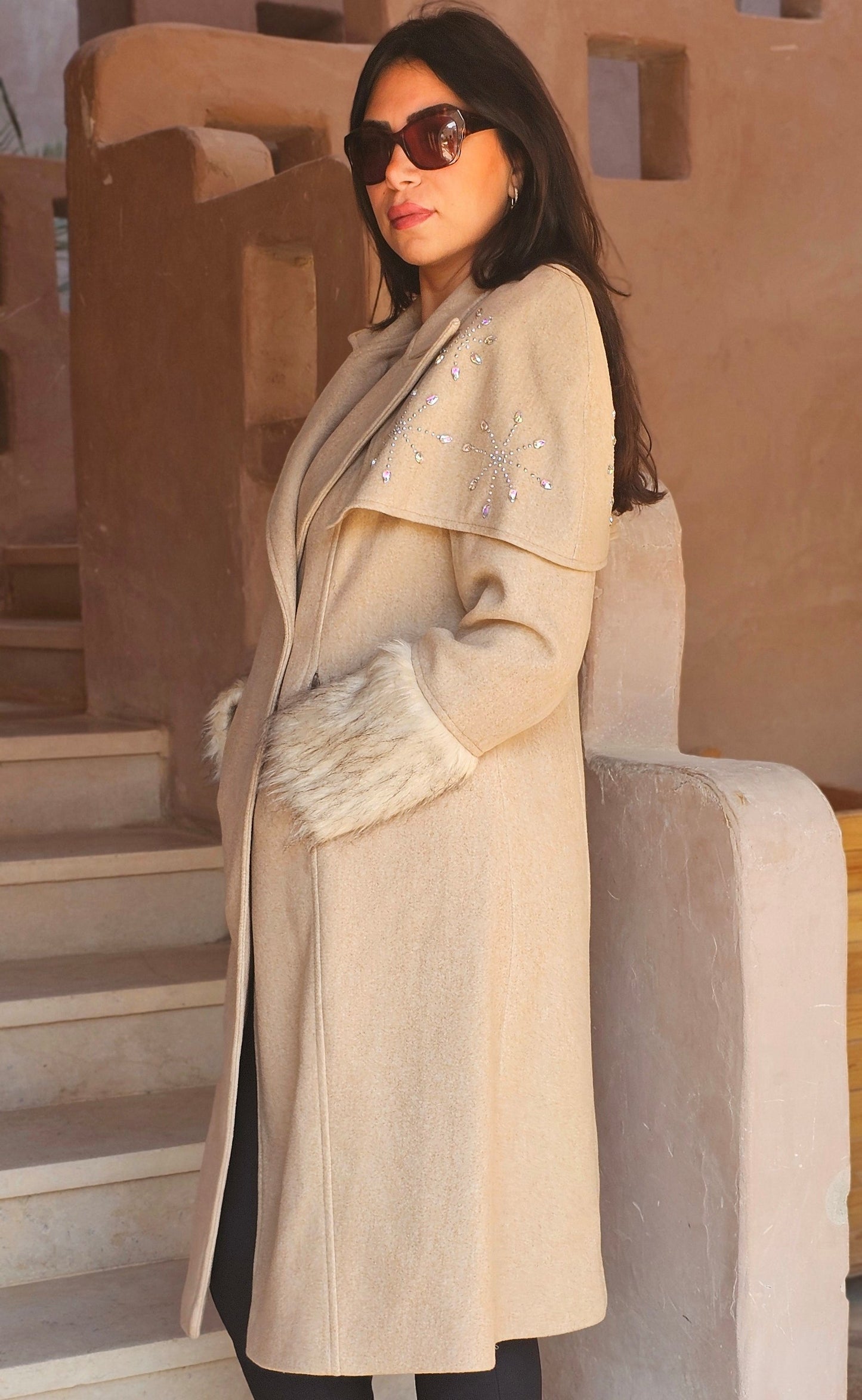 WOOL REMOVABLE STRASS SHOULDERS COAT