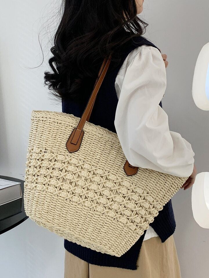 VINTAGE STRAW BEACH TOTE BAG