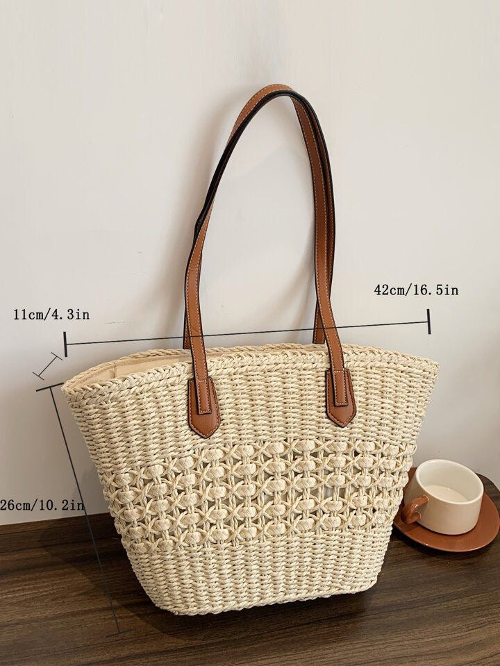 VINTAGE STRAW BEACH TOTE BAG