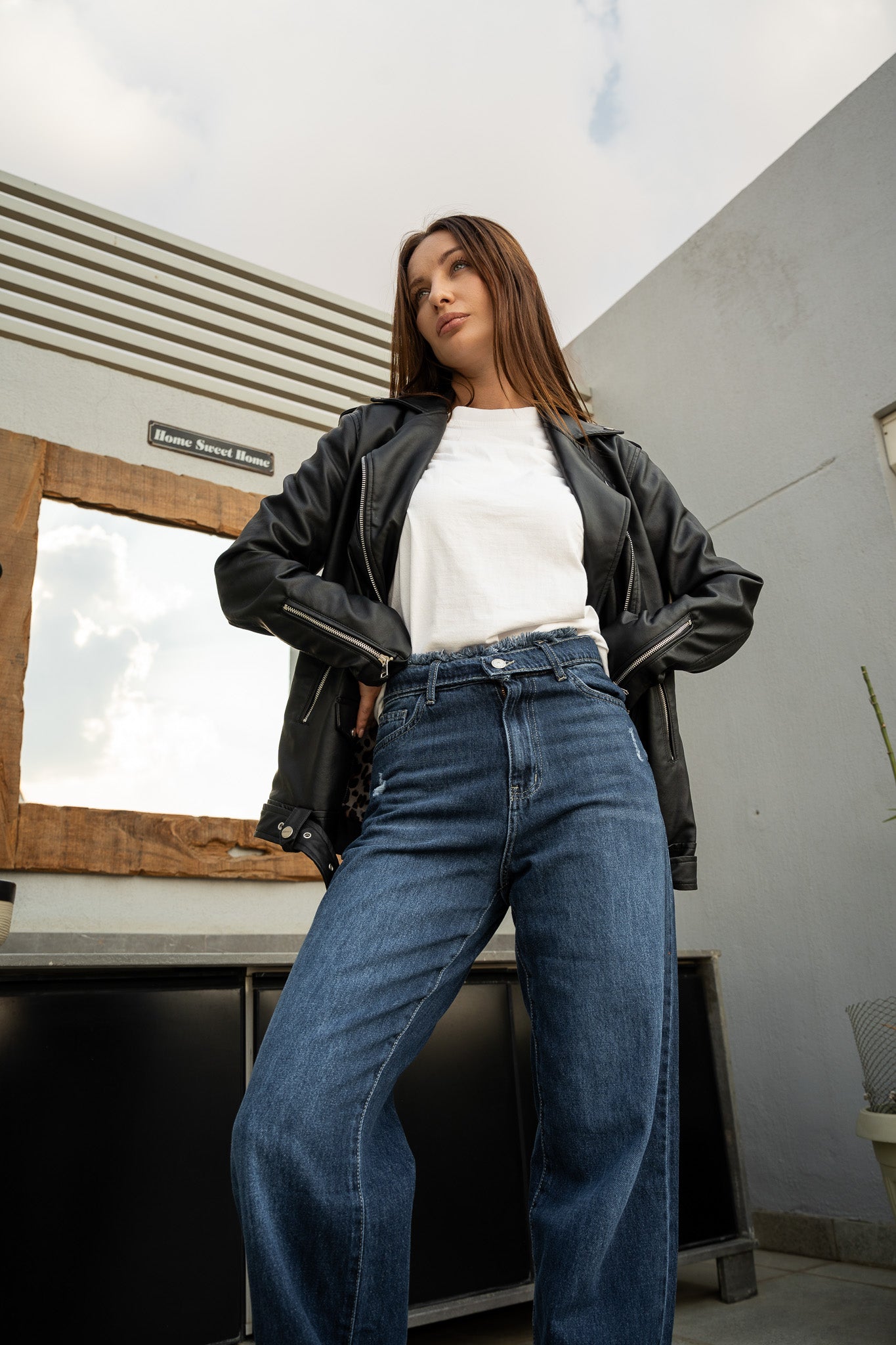 FRINGE WAIST WIDE LEG JEANS