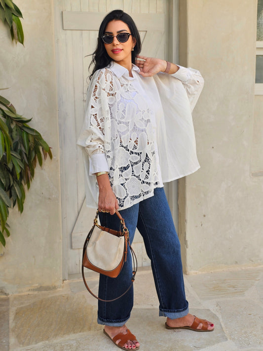 WHITE SHEER LACE PATCHWORK SHIRT