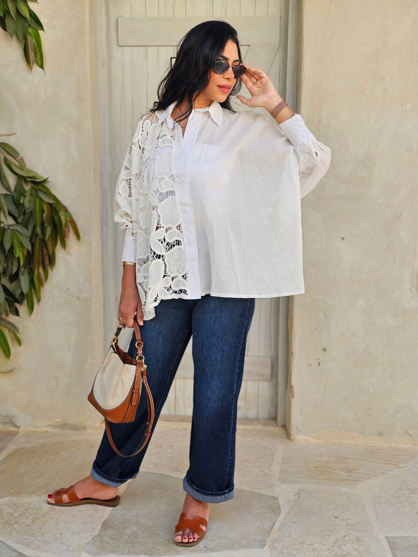 WHITE SHEER LACE PATCHWORK SHIRT