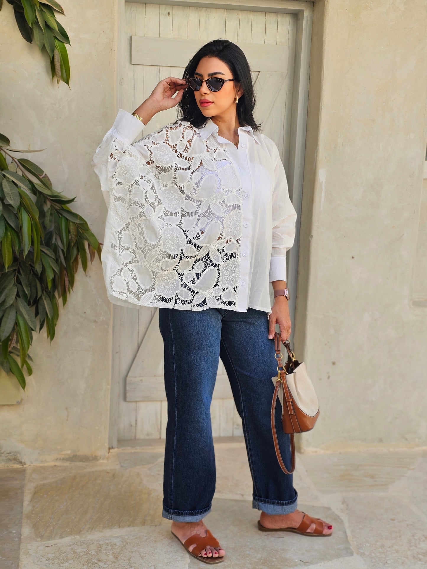 WHITE SHEER LACE PATCHWORK SHIRT