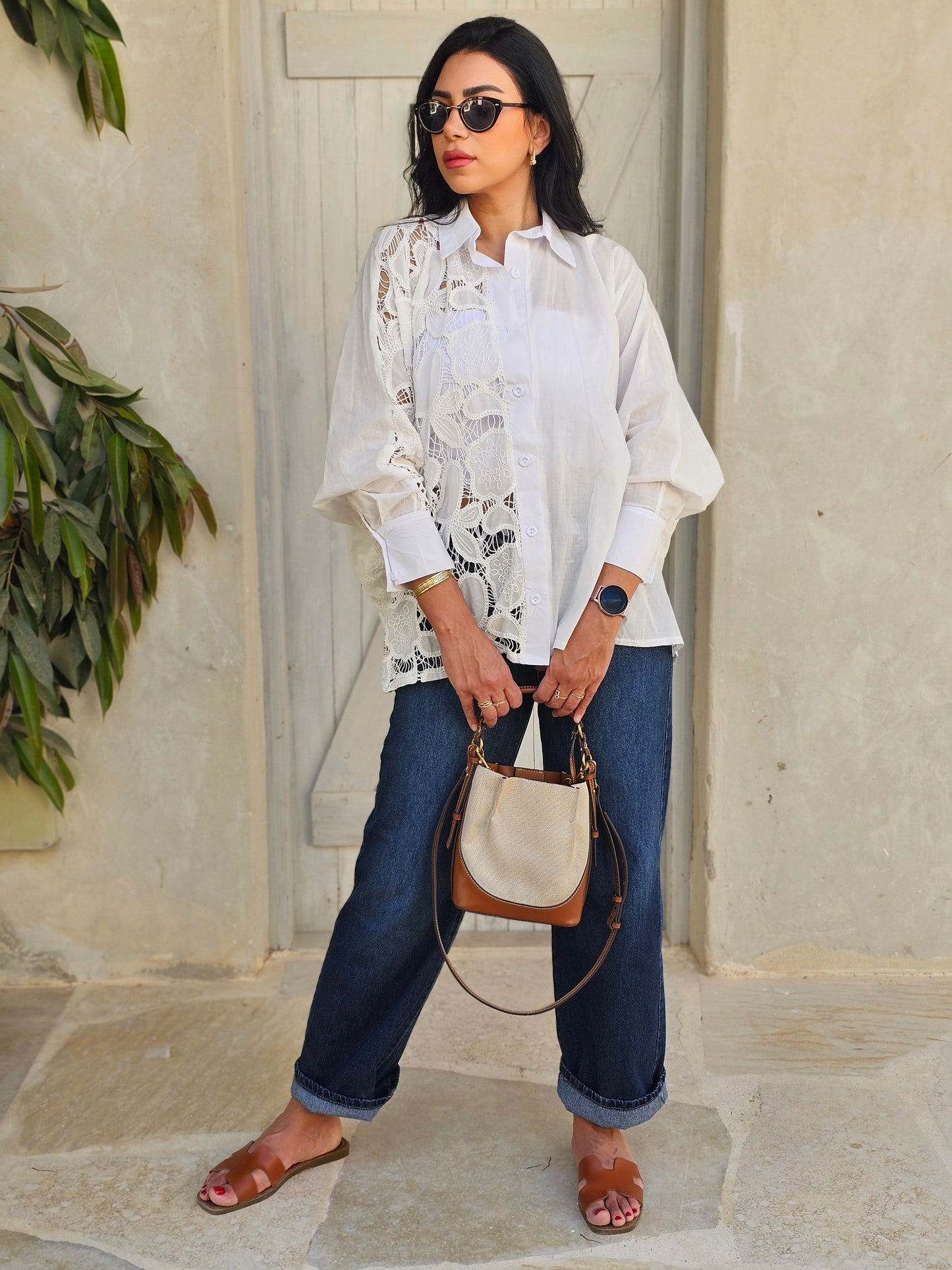 WHITE SHEER LACE PATCHWORK SHIRT
