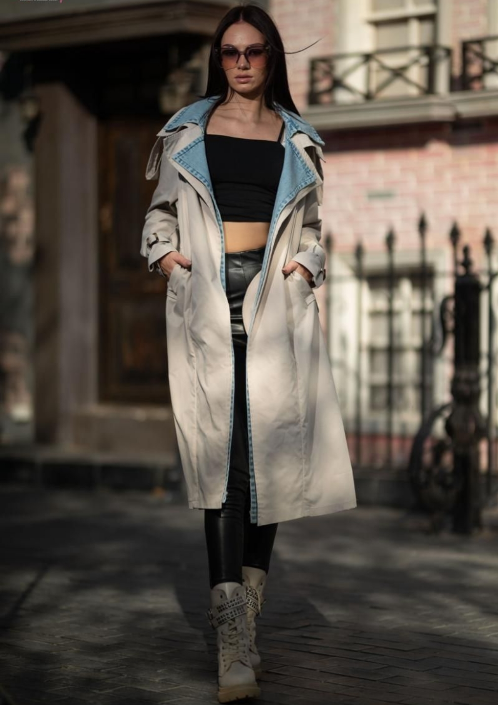 DENIM-TRIMMED TRENCH COAT