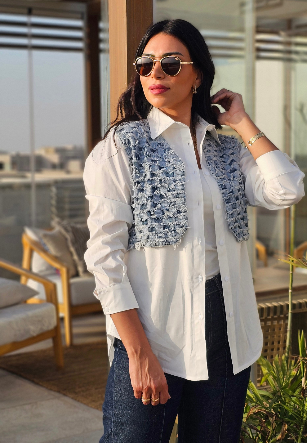 WOVEN DENIM VEST ATTCHED WHITE SHIRT