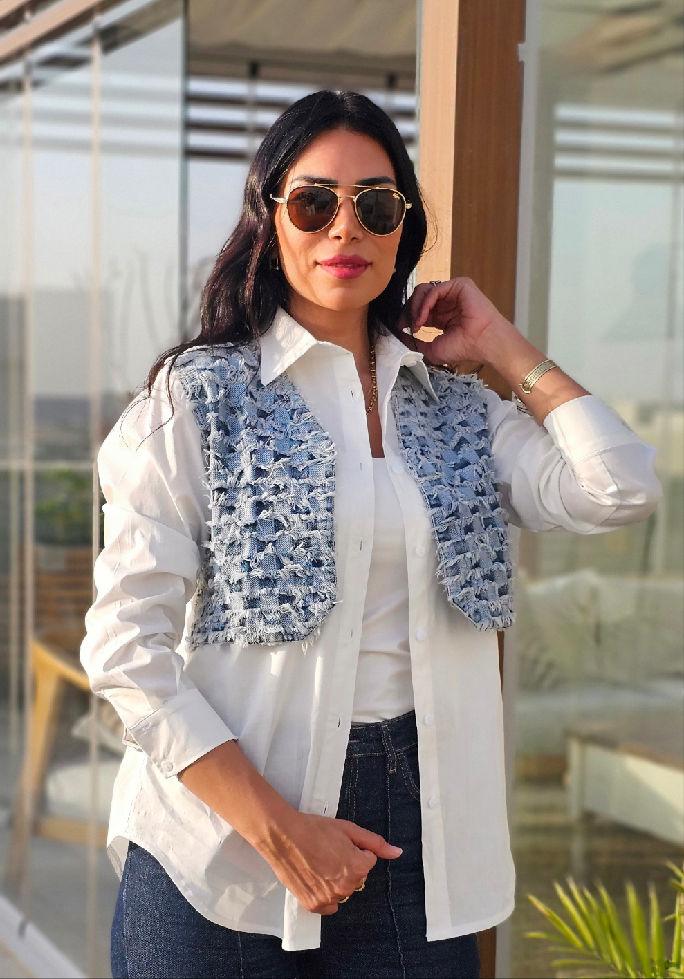 WOVEN DENIM VEST ATTCHED WHITE SHIRT