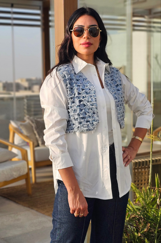 WOVEN DENIM VEST ATTCHED WHITE SHIRT