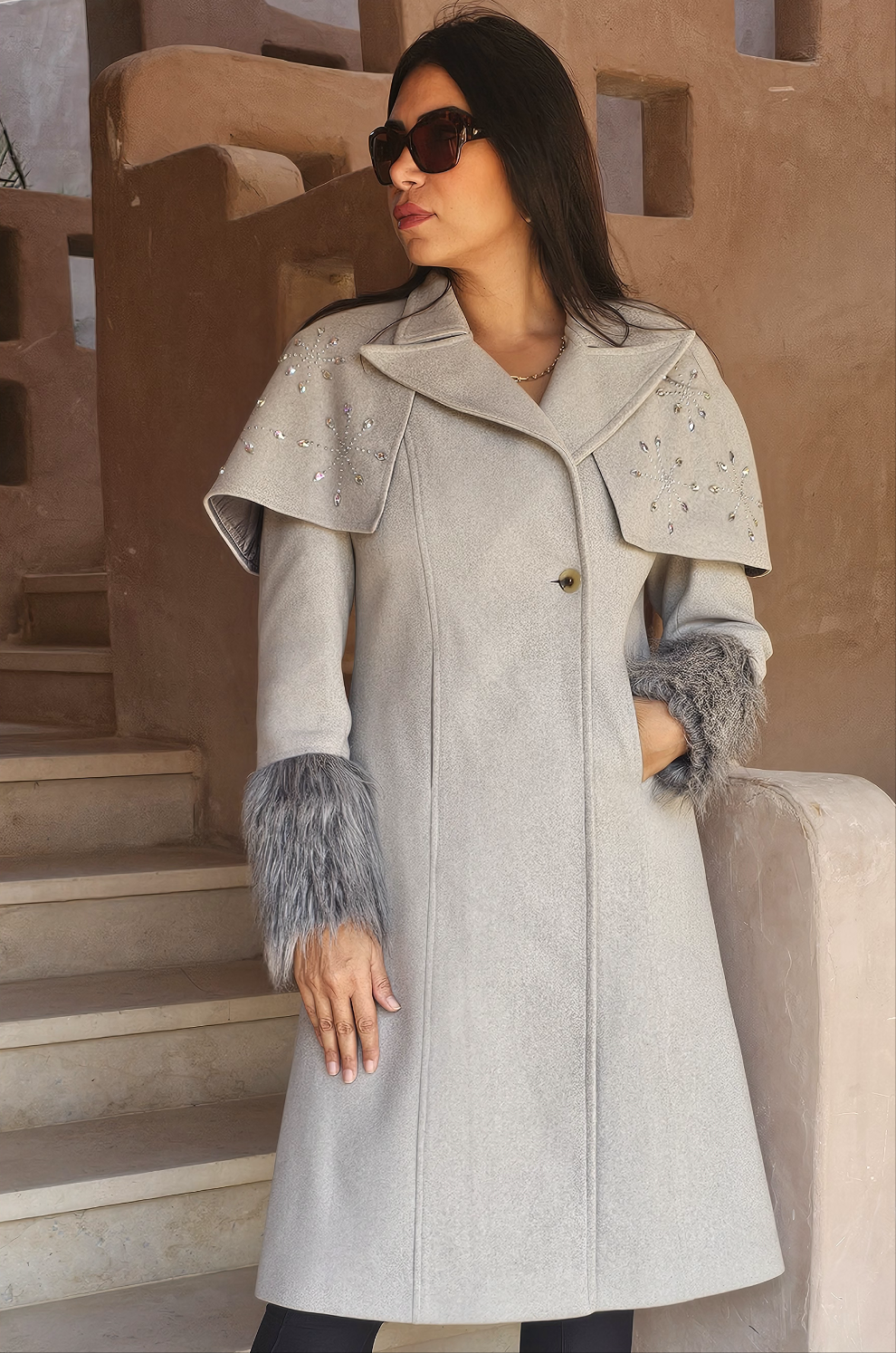 WOOL REMOVABLE STRASS SHOULDERS COAT