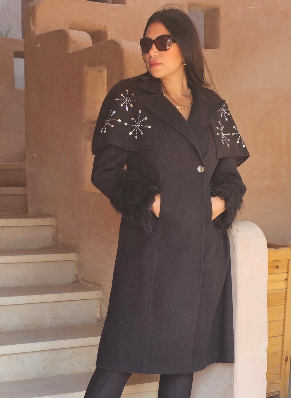 WOOL REMOVABLE STRASS SHOULDERS COAT