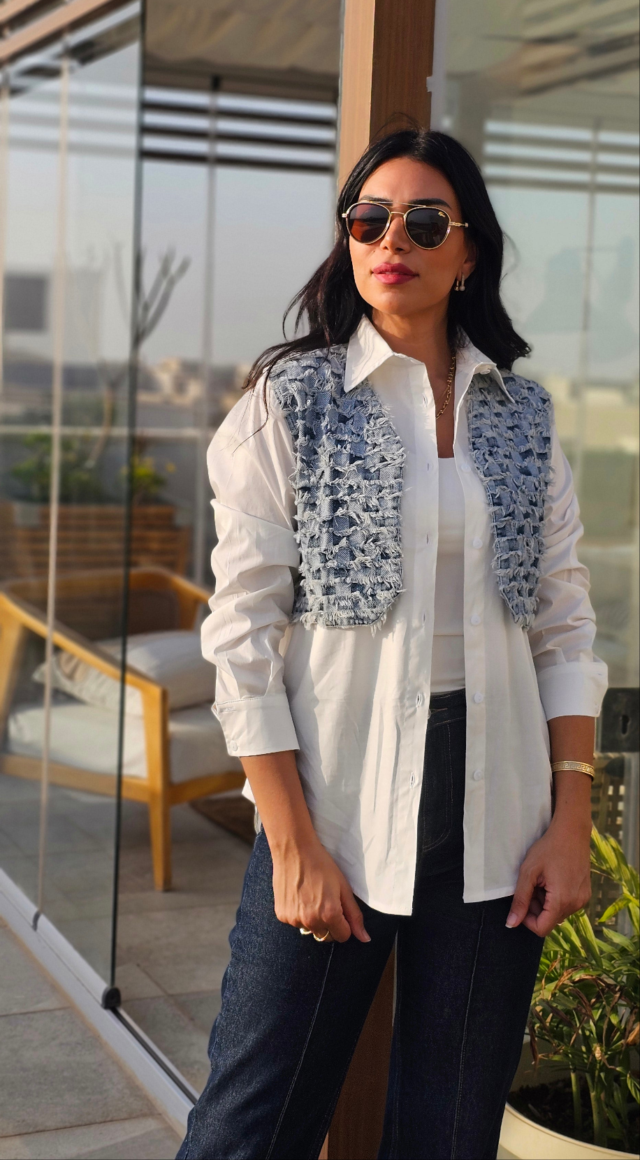 WOVEN DENIM VEST ATTCHED WHITE SHIRT