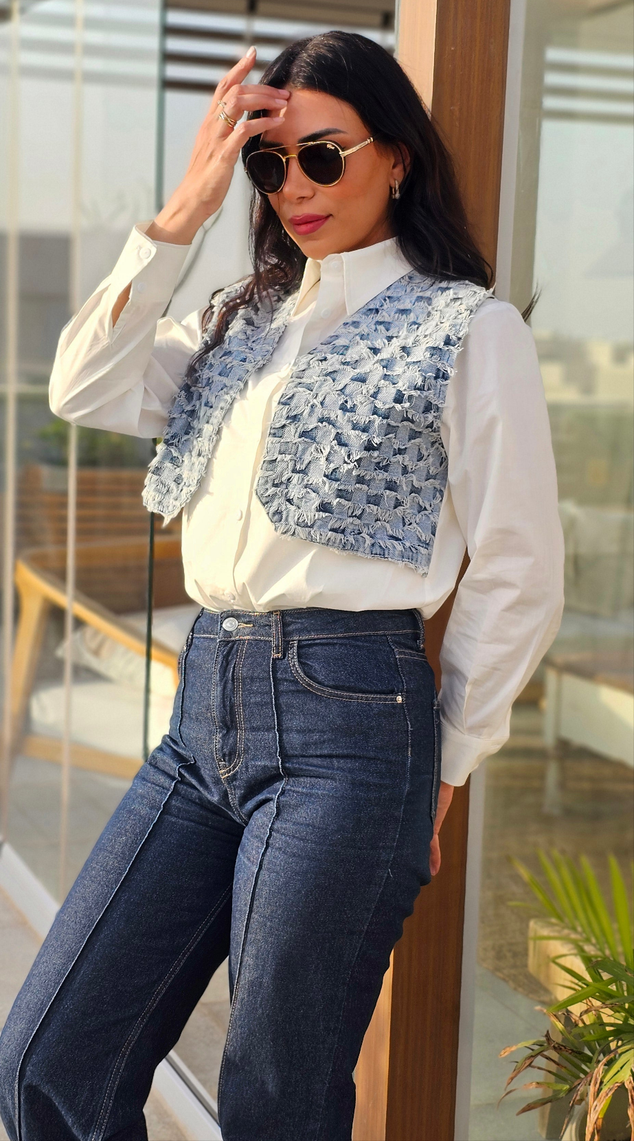 WOVEN DENIM VEST ATTCHED WHITE SHIRT