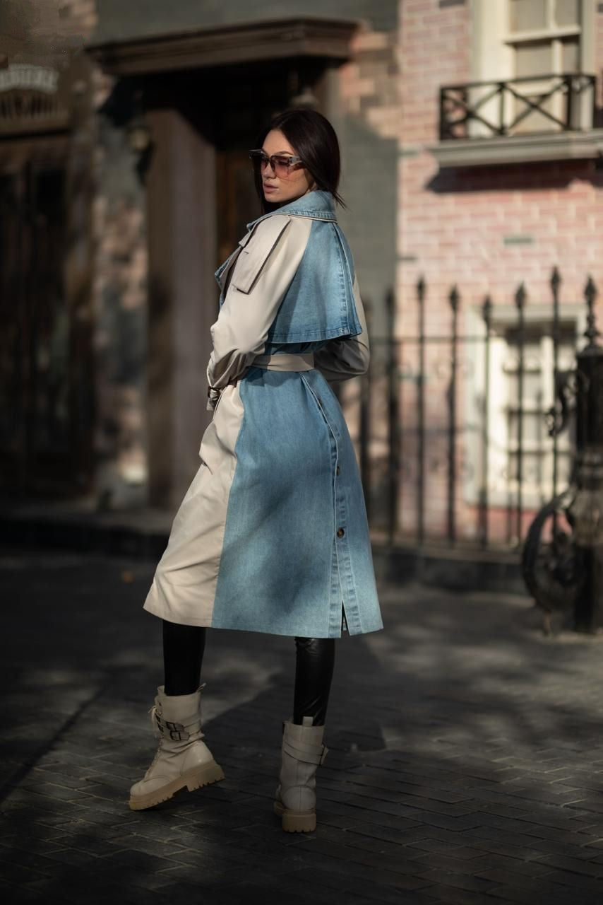 DENIM-TRIMMED TRENCH COAT