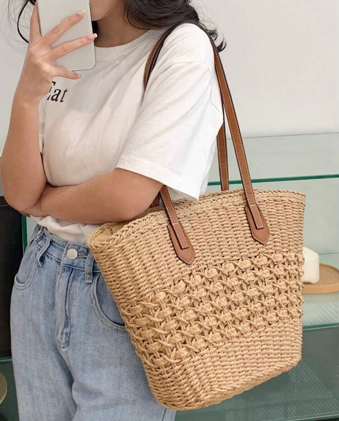 VINTAGE STRAW BEACH TOTE BAG