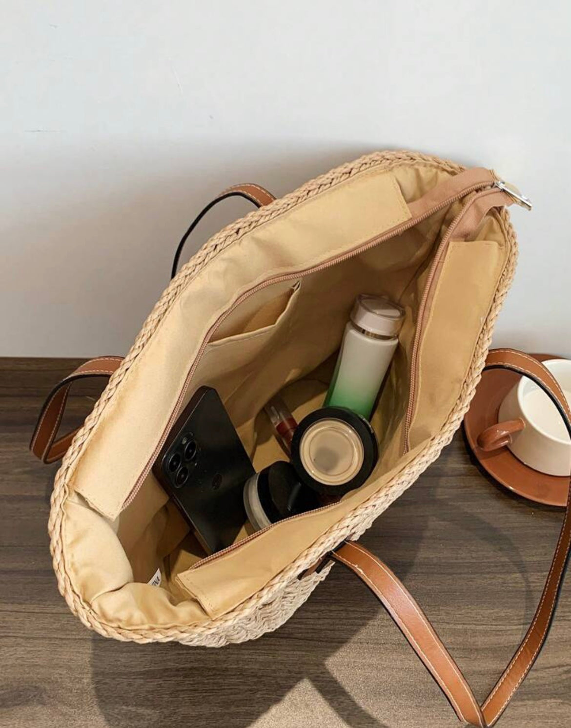 VINTAGE STRAW BEACH TOTE BAG