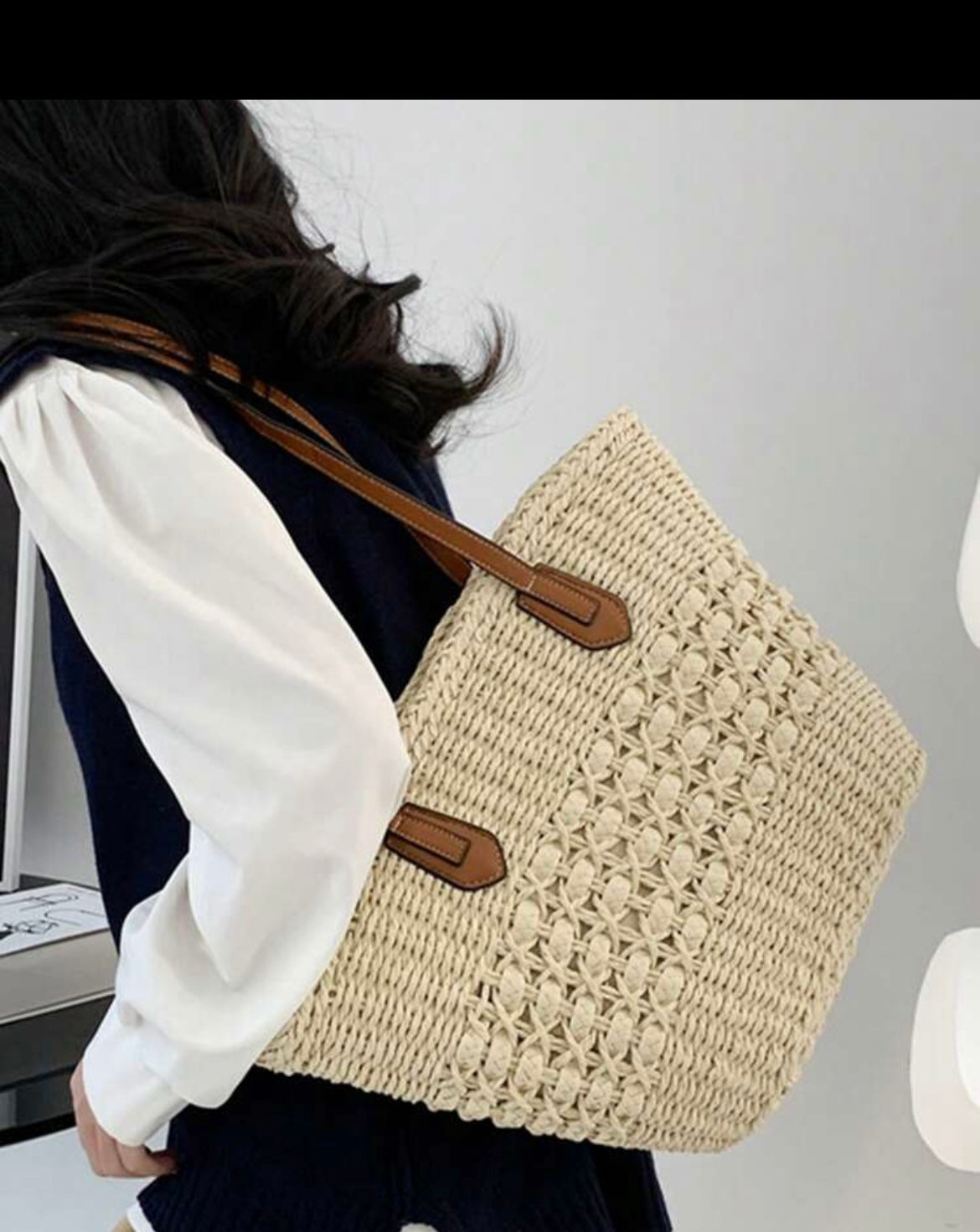 VINTAGE STRAW BEACH TOTE BAG