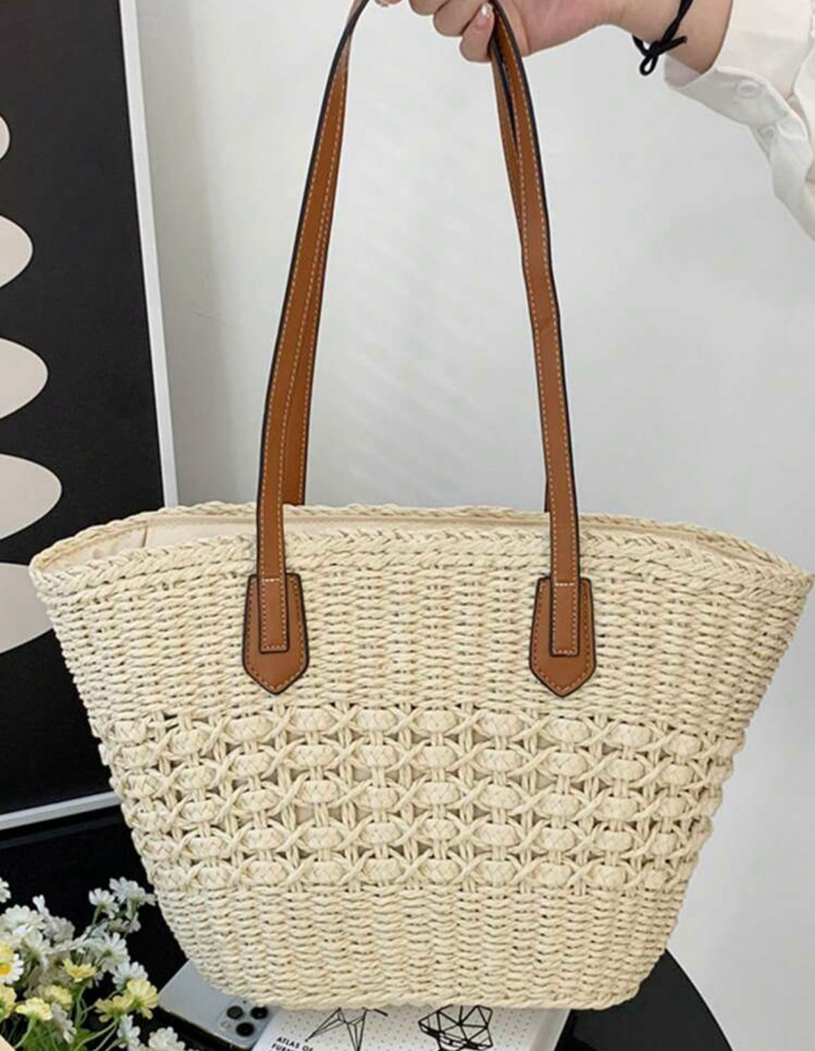 VINTAGE STRAW BEACH TOTE BAG