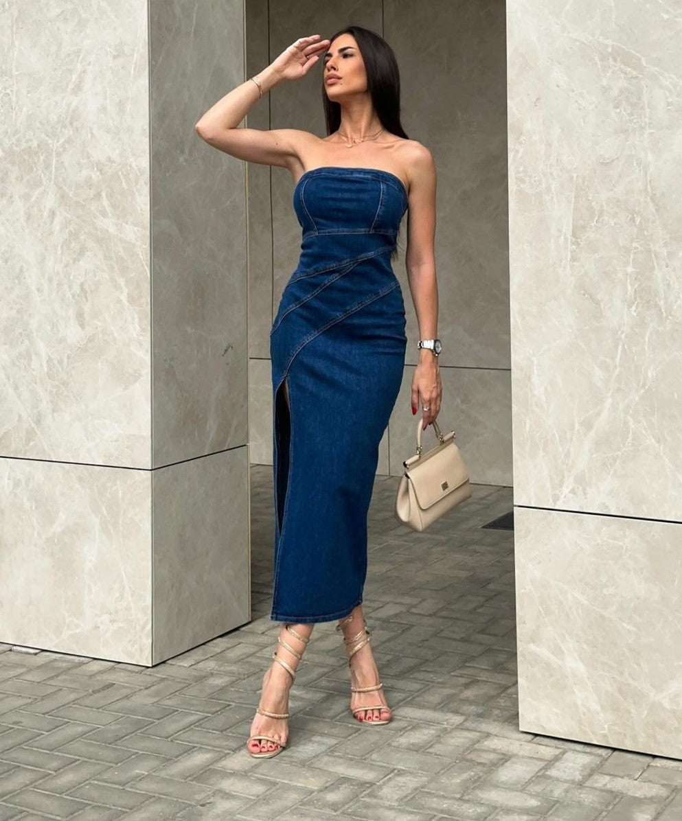 STRAPLESS DENIM DRESS
