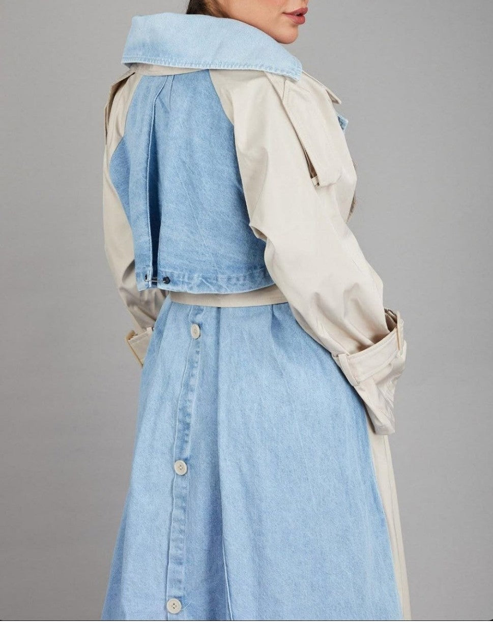 DENIM-TRIMMED TRENCH COAT