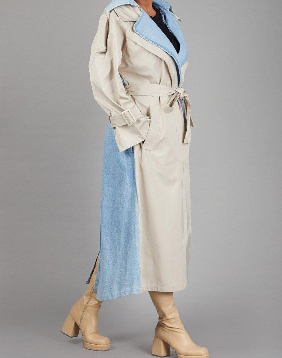 DENIM-TRIMMED TRENCH COAT