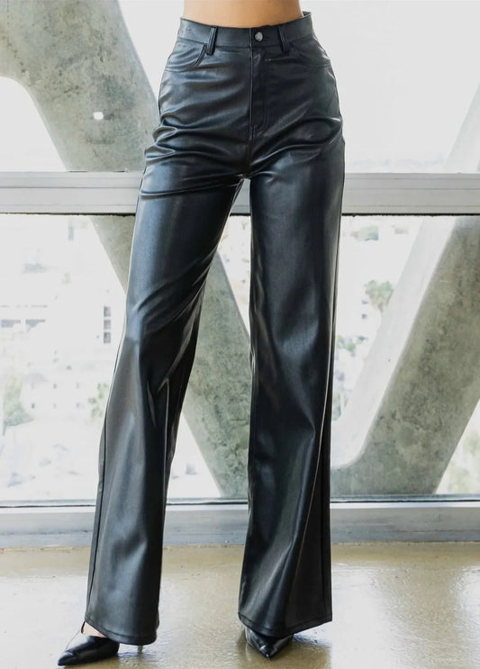 BLACK FUAX LEATHER MID-RISE WIDE LEG PANTS