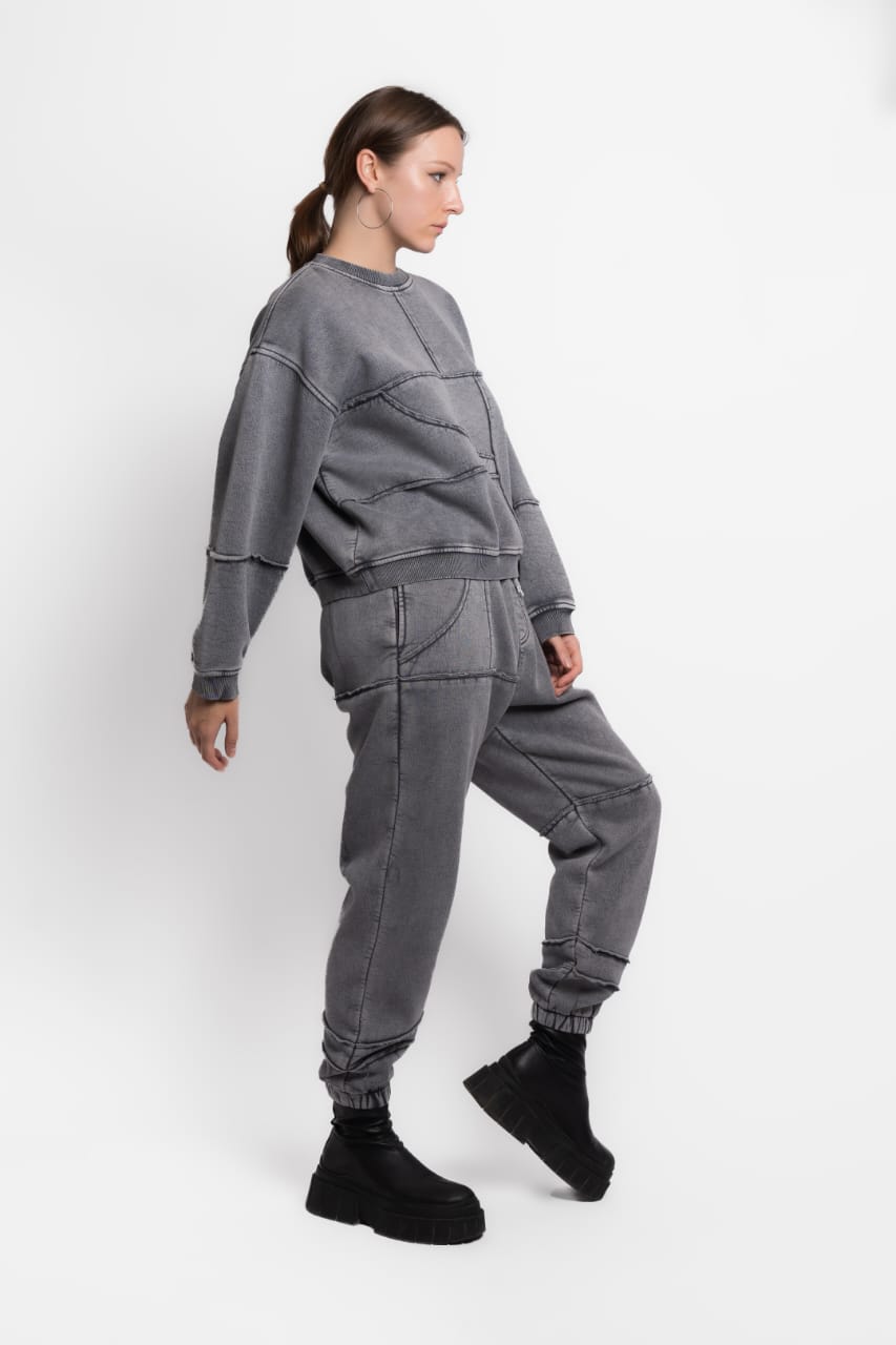 SWEATSHIRT AND PANTS GREY STONE WASHED SET