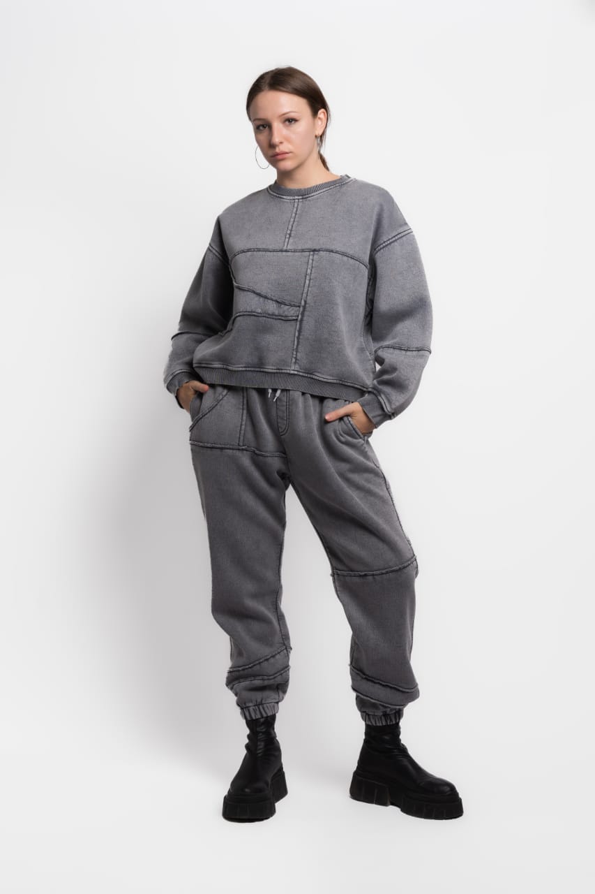 SWEATSHIRT AND PANTS GREY STONE WASHED SET