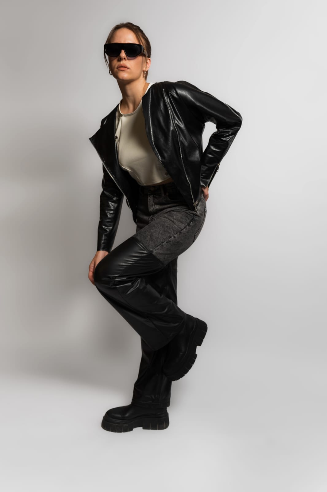 HALF DENIM HALF LEATHER STRAIGHT LEG PANTS